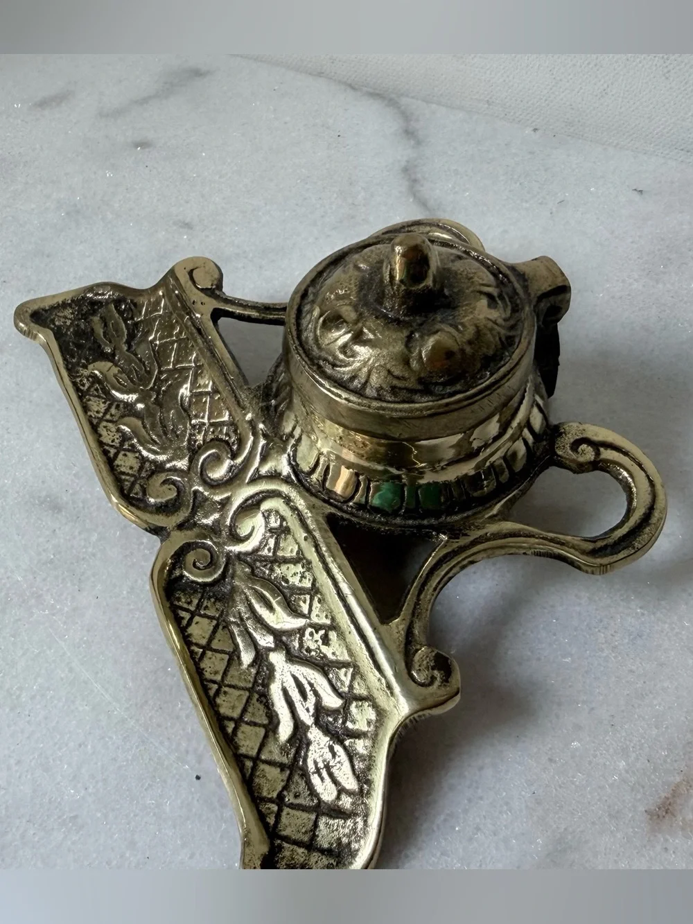 Brass Ink Well and Pen Rest - Antique-Style Brass Finish